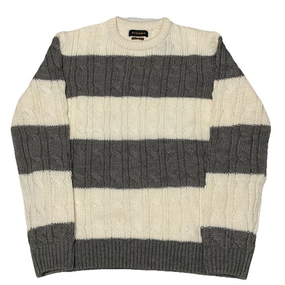Piombo Large Sweater Stripe Cableknit Gray Ivory Acrylic Wool Blend Men’s L NWT - Picture 1 of 7